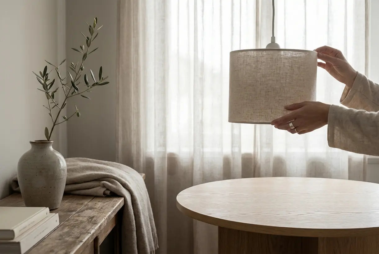 Handen die Scandinavische decoratie schikken in een klein Scandinavisch appartement