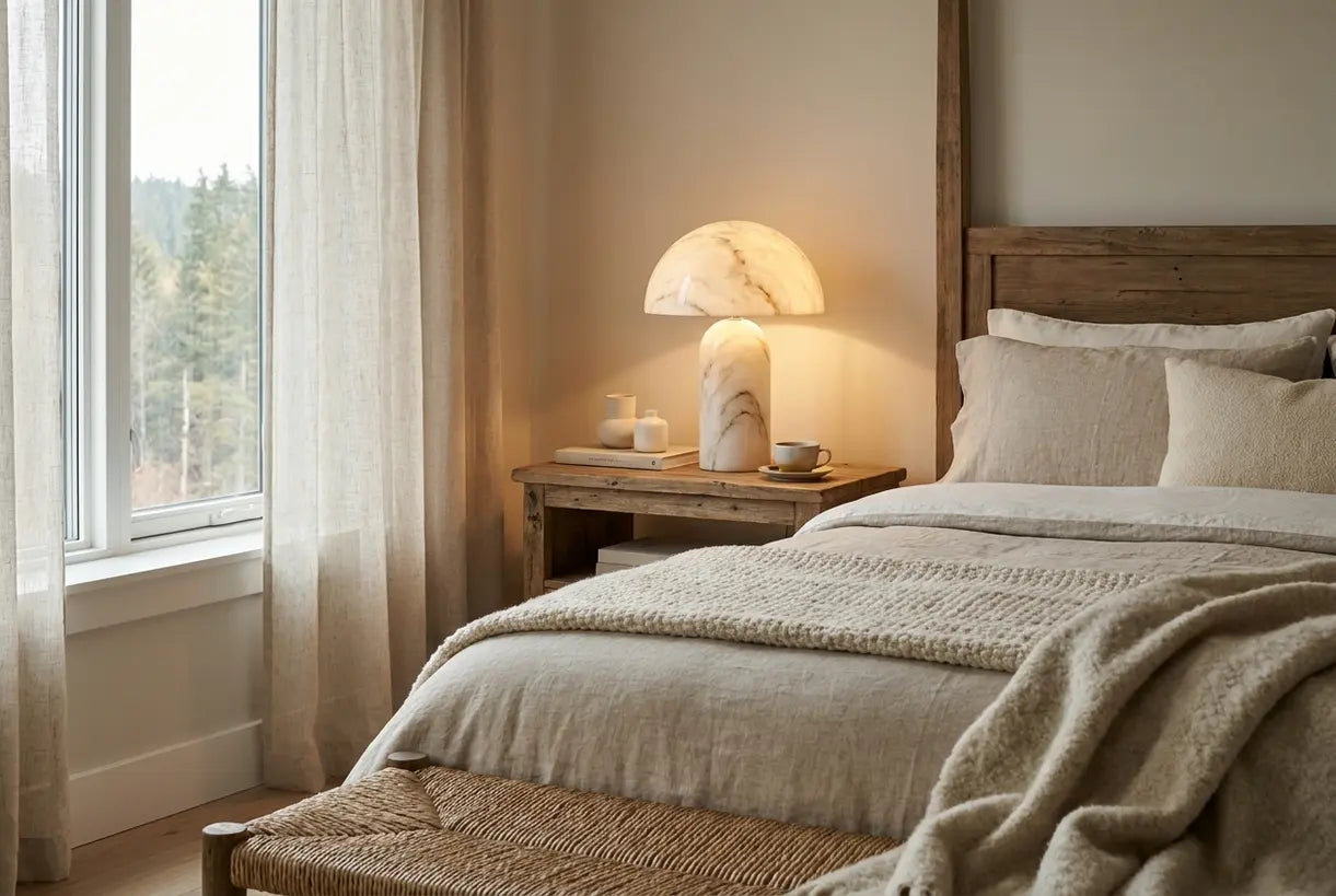 Scandinavische slaapkamer met marmeren paddenstoellamp op nachtkastje