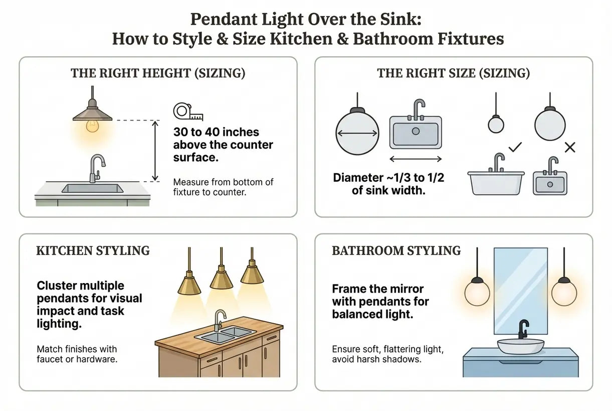 Pendant Light Over the Sink: How to Style & Size Kitchen & Bathroom Fixtures - infographic