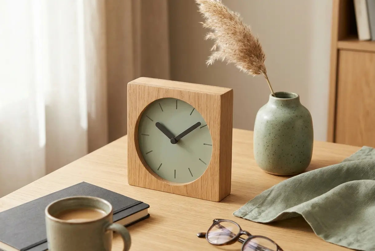 Scandinavian styled desk vignette with small decorative clock, ceramic vase with dried stem, and soft linen on light wood surface in airy workspace