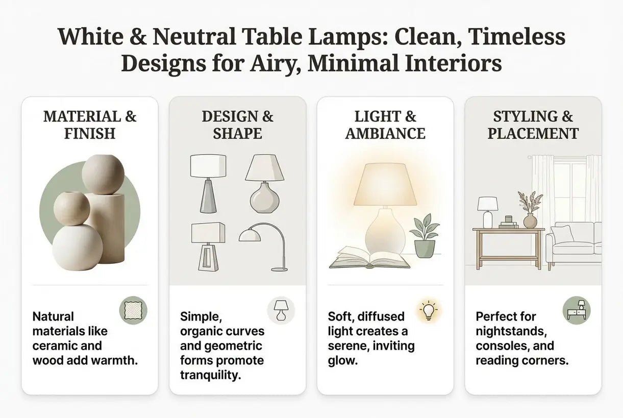 Witte & Neutrale Tafellampen: Schone, Tijdloze Ontwerpen voor Luchtige, Minimale Interieurs - infographic