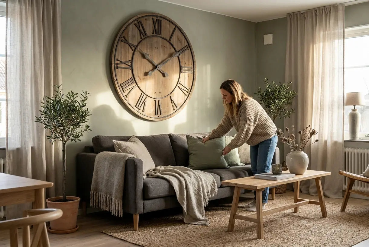 Scandinavian living room with oversized wall clock as statement decor piece