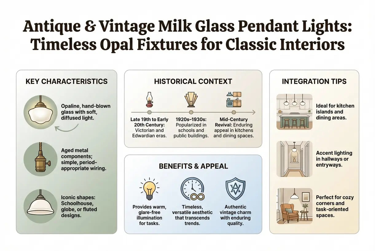 Antieke & Vintage Melkglazen Hanglampen: Tijdloze Opaal Armaturen voor Klassieke Interieurs - infographic