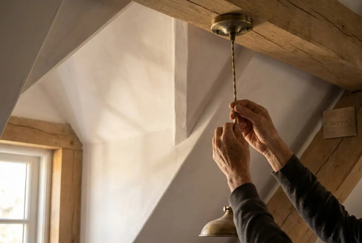 Hands adjusting brass pendant light on vaulted ceiling bedroom