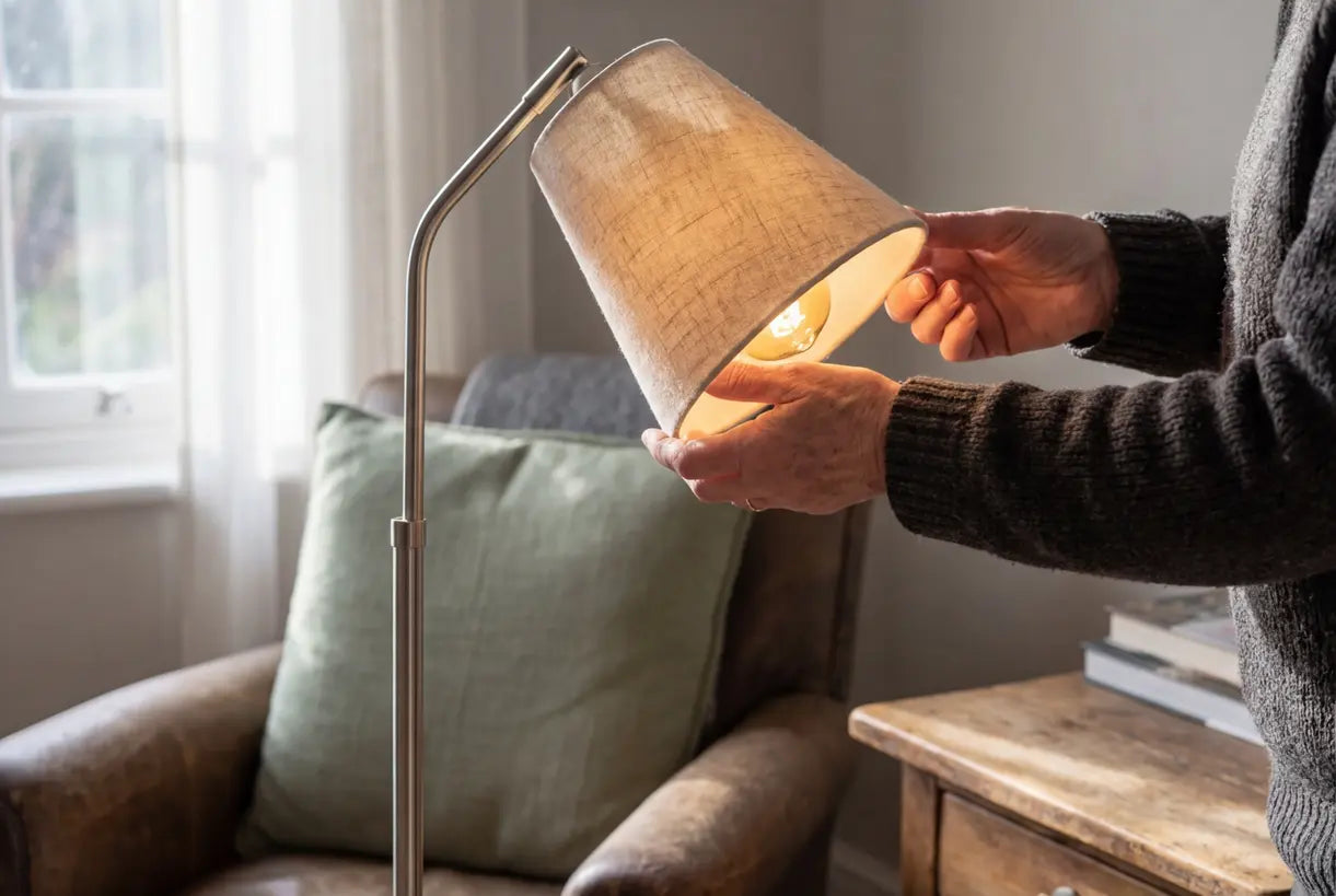 Iemand stelt de kap van een moderne vloerlamp bij in een Scandinavische woonkamer met zacht sfeerlicht
