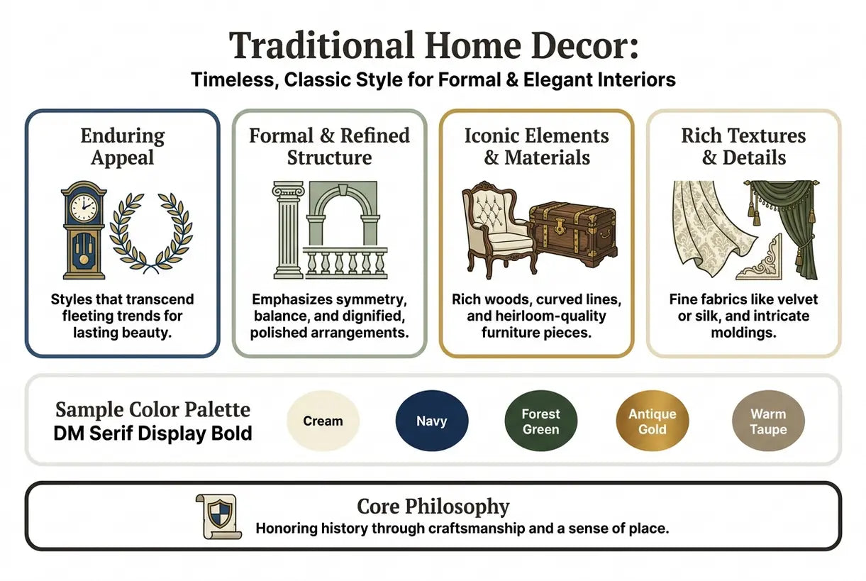 Traditional Home Decor: Timeless, Classic Style for Formal & Elegant Interiors - infographic