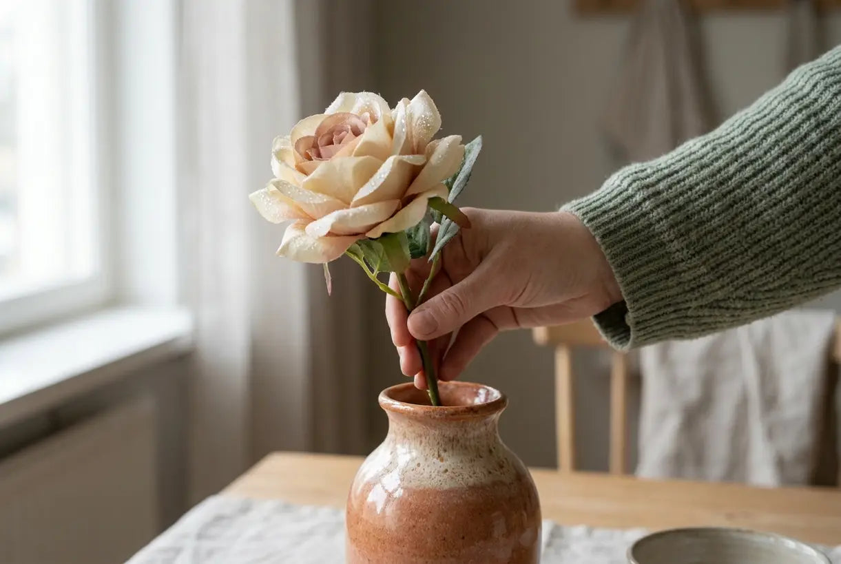 Close-up of silk flower petals and ceramic vase for artificial flowers home decoration