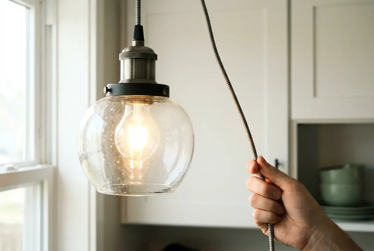 Hands adjusting Scandinavian cloud glass pendant light in compact kitchen
