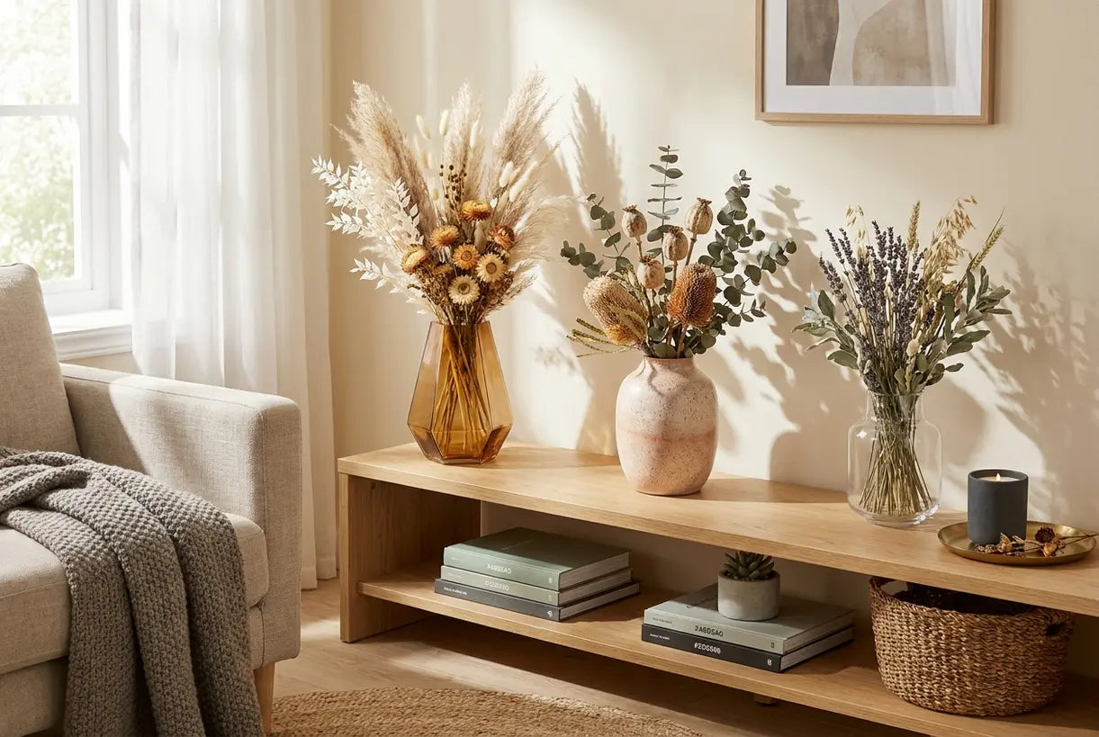 Scandinavian shelf styling with geometric amber glass, ceramic artisan, and glass vases displaying dried flower arrangements in natural light