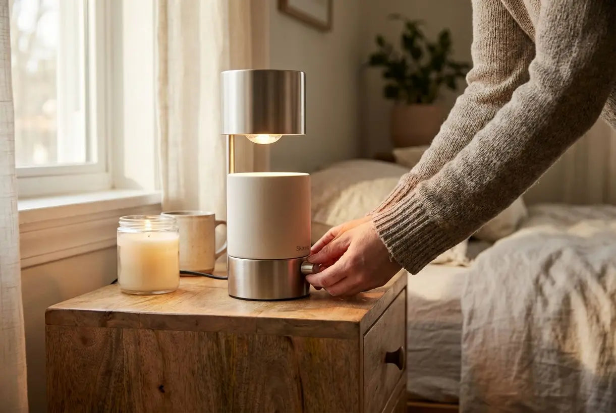 Handen die een op batterijen werkende kaarsverwarmerlamp op een houten nachtkastje verstellen