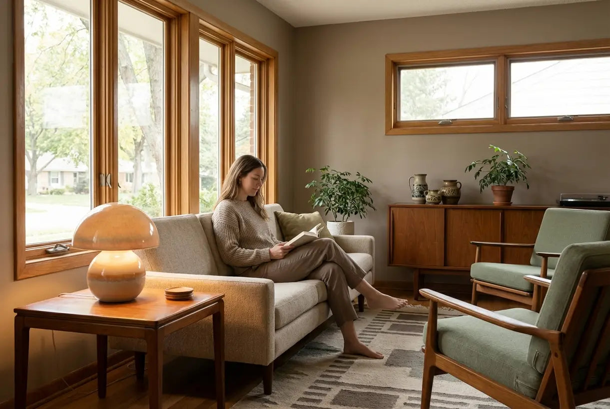Vrouw leest naast keramische paddenstoeltafellamp in Scandinavische mid-century woonkamer