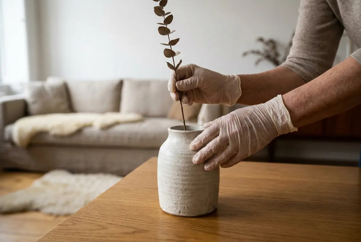 Curating minimalist home decor with handmade ceramic vase and natural elements