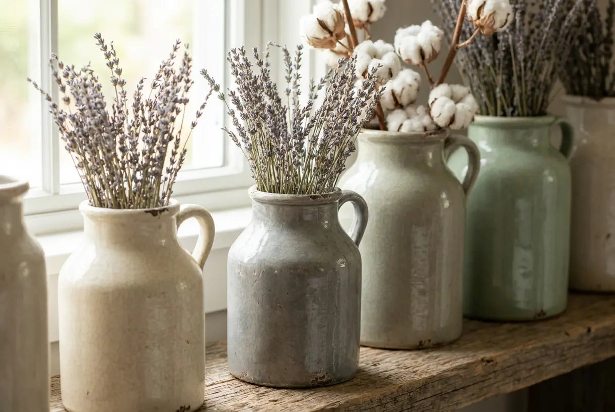 Close-up of rustic farmhouse decor textures with reclaimed wood and vintage ceramic accents