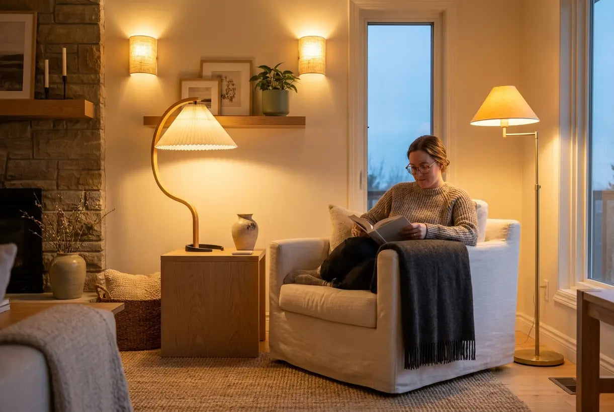 Scandinavian living room with layered ambient lighting creating warm cozy atmosphere