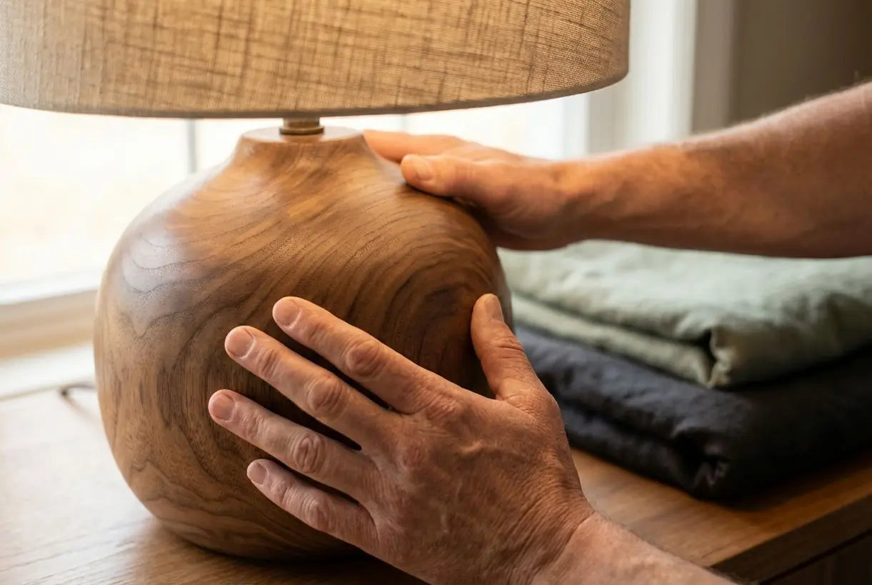 Handen die een natuurlijke houten tafellampvoet aanraken met zichtbare walnoten houtnerfstructuur