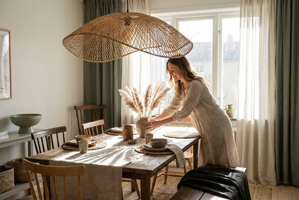 Boheems eetkamerinterieur met geweven rotan hanglamp die warme sfeerverlichting creëert boven de eettafel