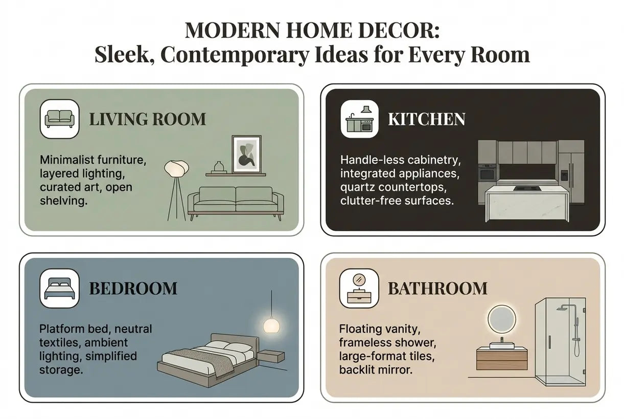 Modern Home Decor: Sleek, Contemporary Ideas for Every Room - infographic