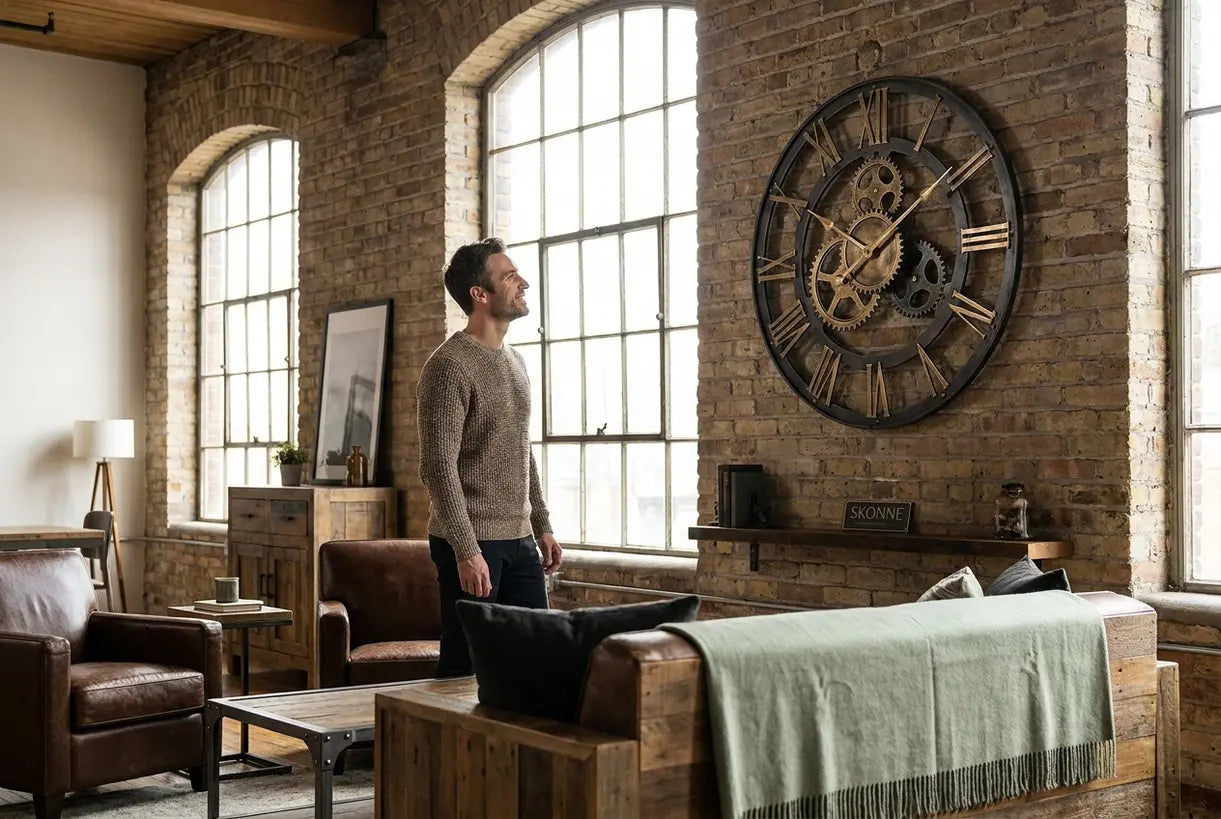 Industrial loft living room with large moving gear wall clock on exposed brick