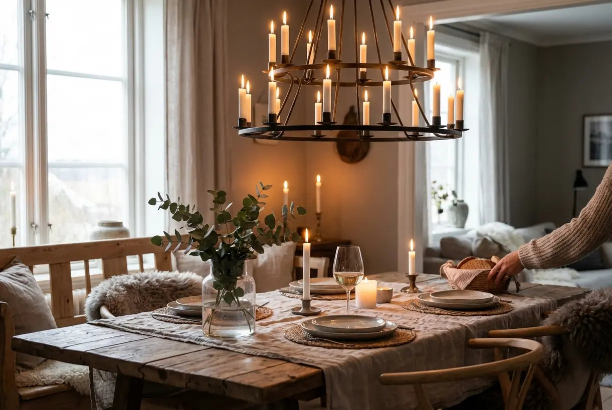 Moderne rustieke eetkamer met kandelaarkroonluchter die warm romantisch licht werpt over een houten tafel