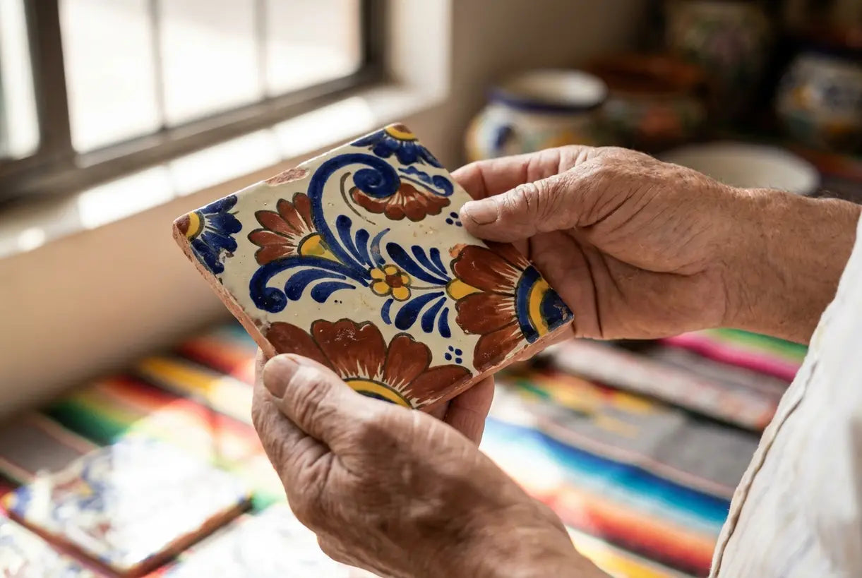 Artisan hands hand-painting Mexican Talavera tile with cobalt blue and terracotta patterns