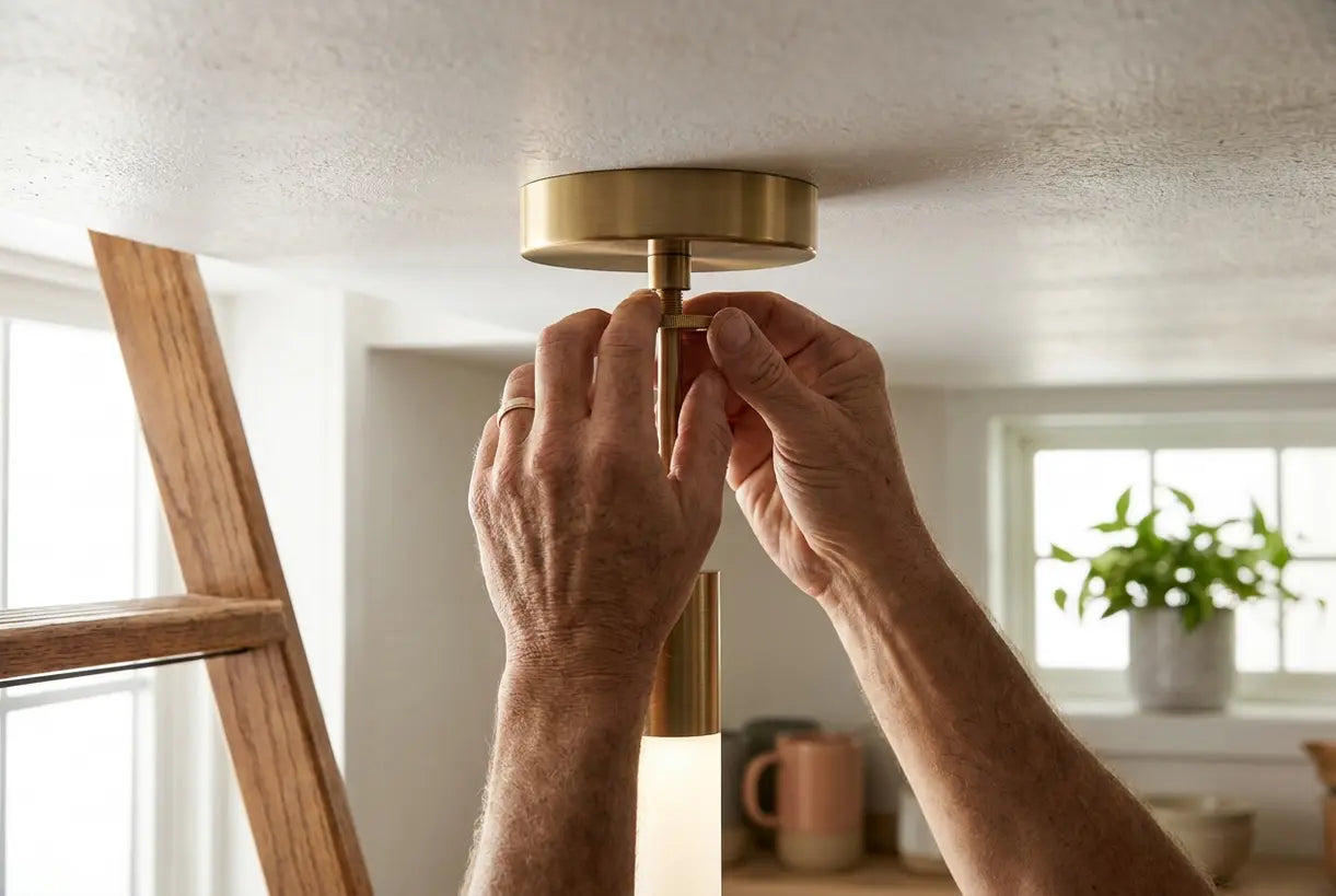 Close-up van handen die een moderne LED-hanglamp installeren als vervanging voor verouderde TL-keukenverlichting