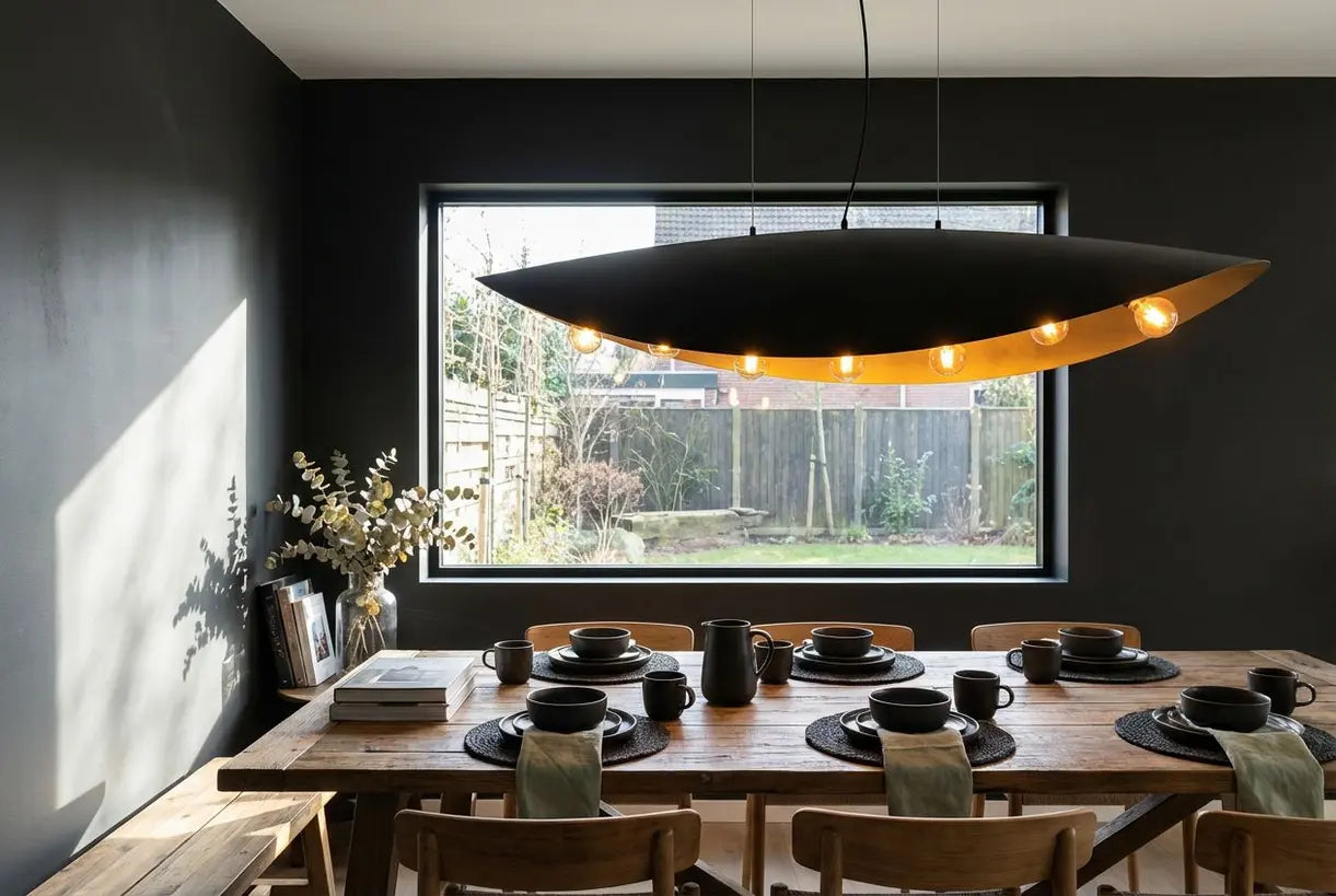 Moderne eetkamer met gedurfde zwarte plafondlamp die een dramatisch contrast creëert