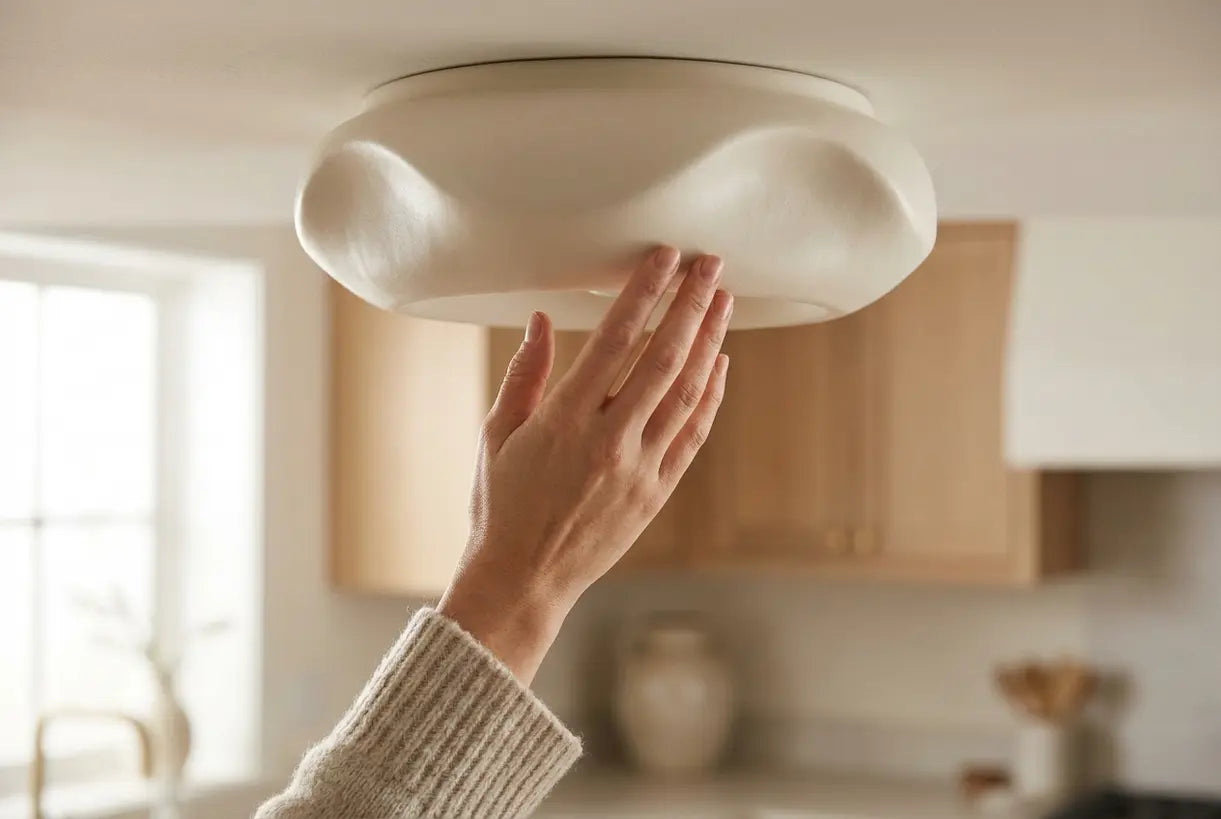 Installing cream sculptural flush mount ceiling light in modern Scandinavian kitchen