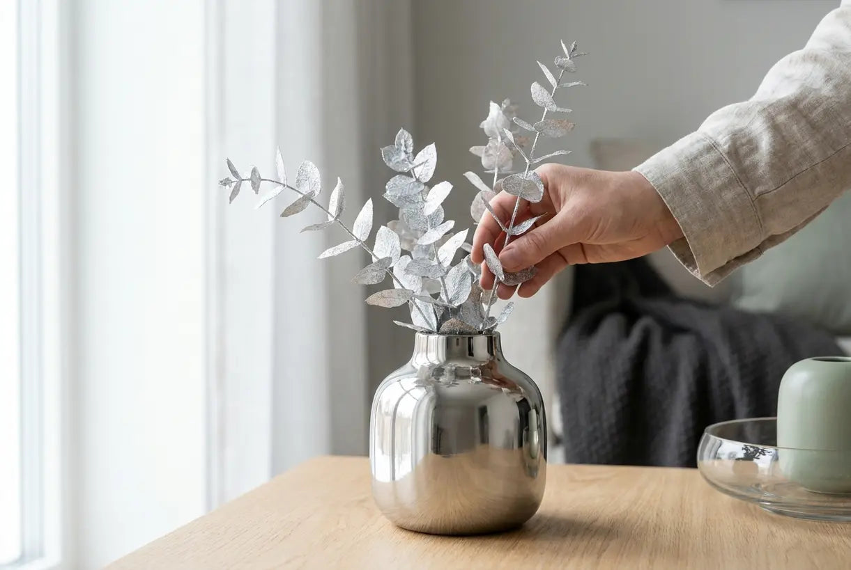 Close-up of decorative silver vase with eucalyptus stems, metallic vase styling for modern interiors