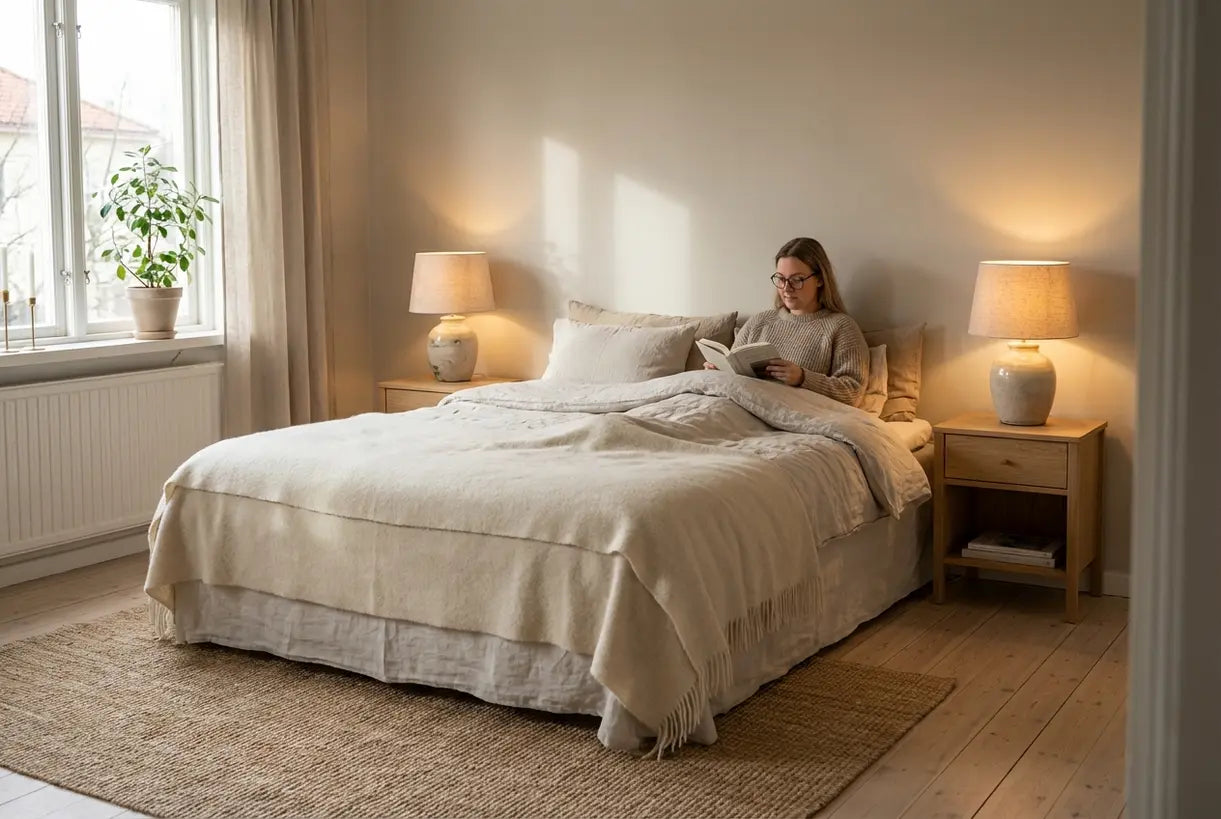 Scandinavische slaapkamer met bijpassende nachtkastlampenparen op nachtkastjes die een symmetrisch ontwerp creëren