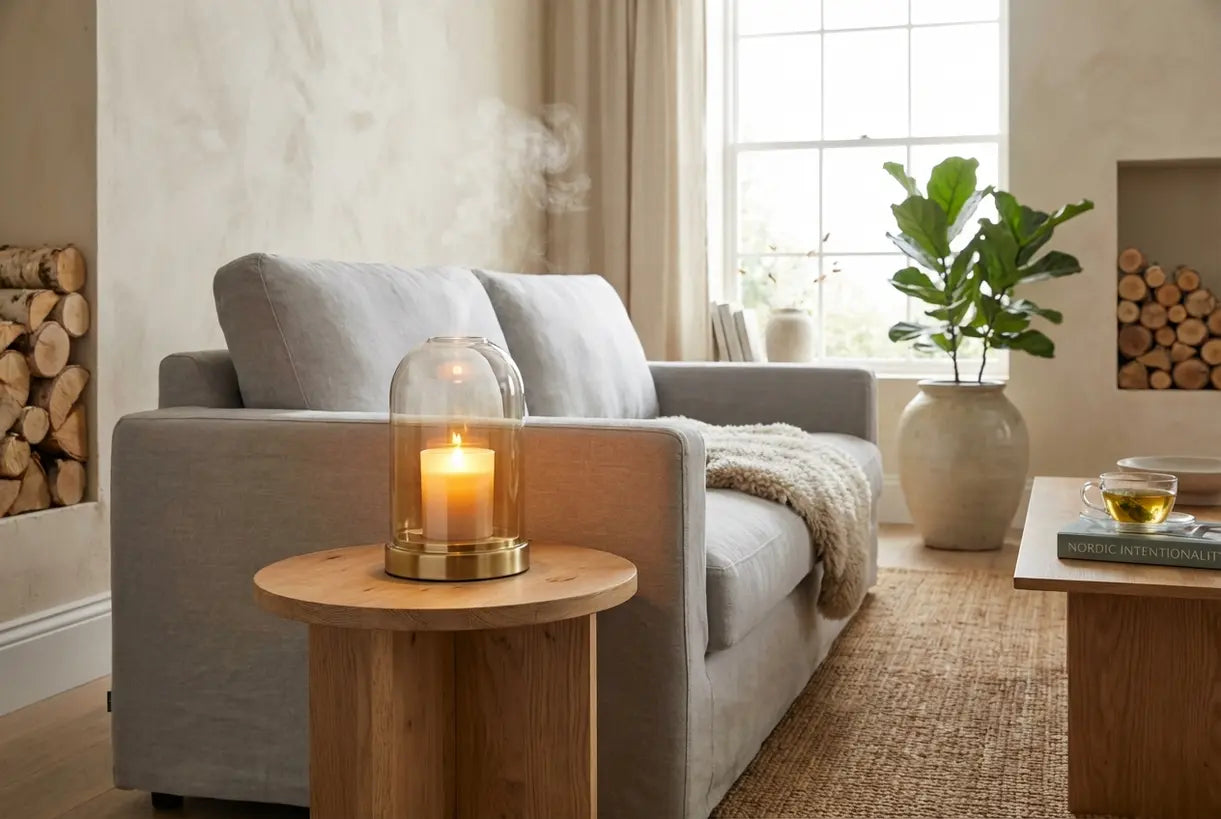Op batterijen werkende kaarsverwarmerlamp die gloeit in een Scandinavische woonkamer