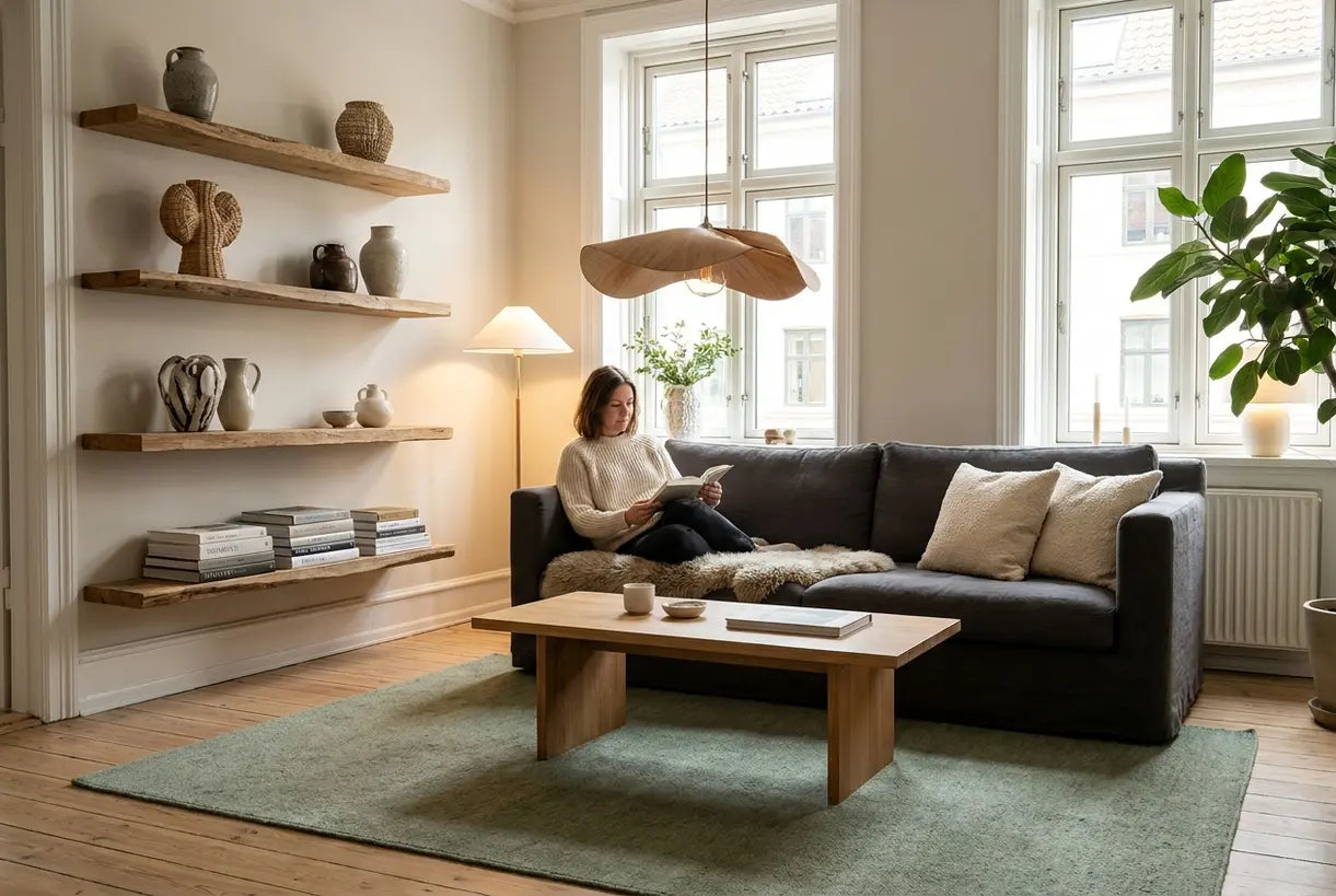 Scandinavian living room with layered lighting, artisan decor, and comfortable seating, home decor inspiration