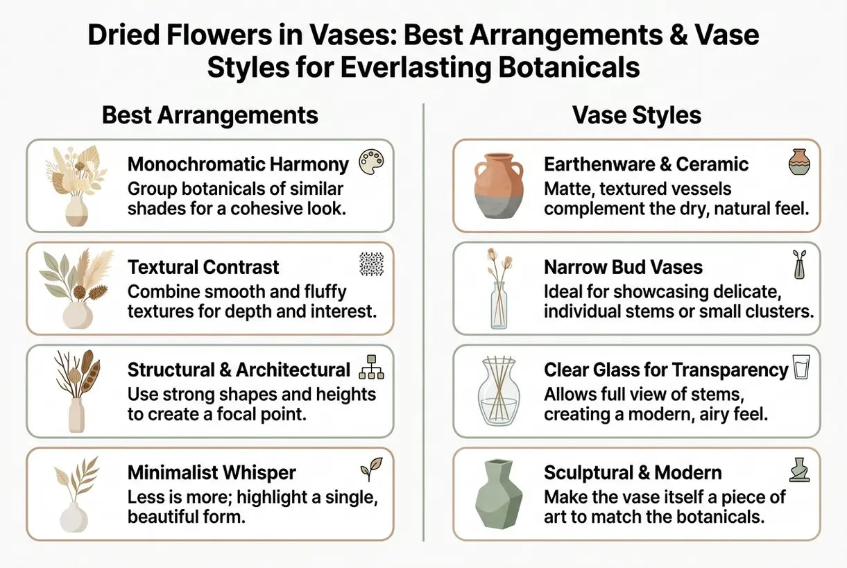 Dried Flowers in Vases: Best Arrangements & Vase Styles for Everlasting Botanicals - infographic