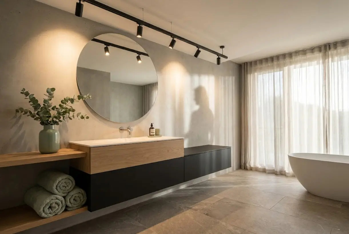 Scandinavian bathroom with linear track lighting above vanity mirror and directional fixtures