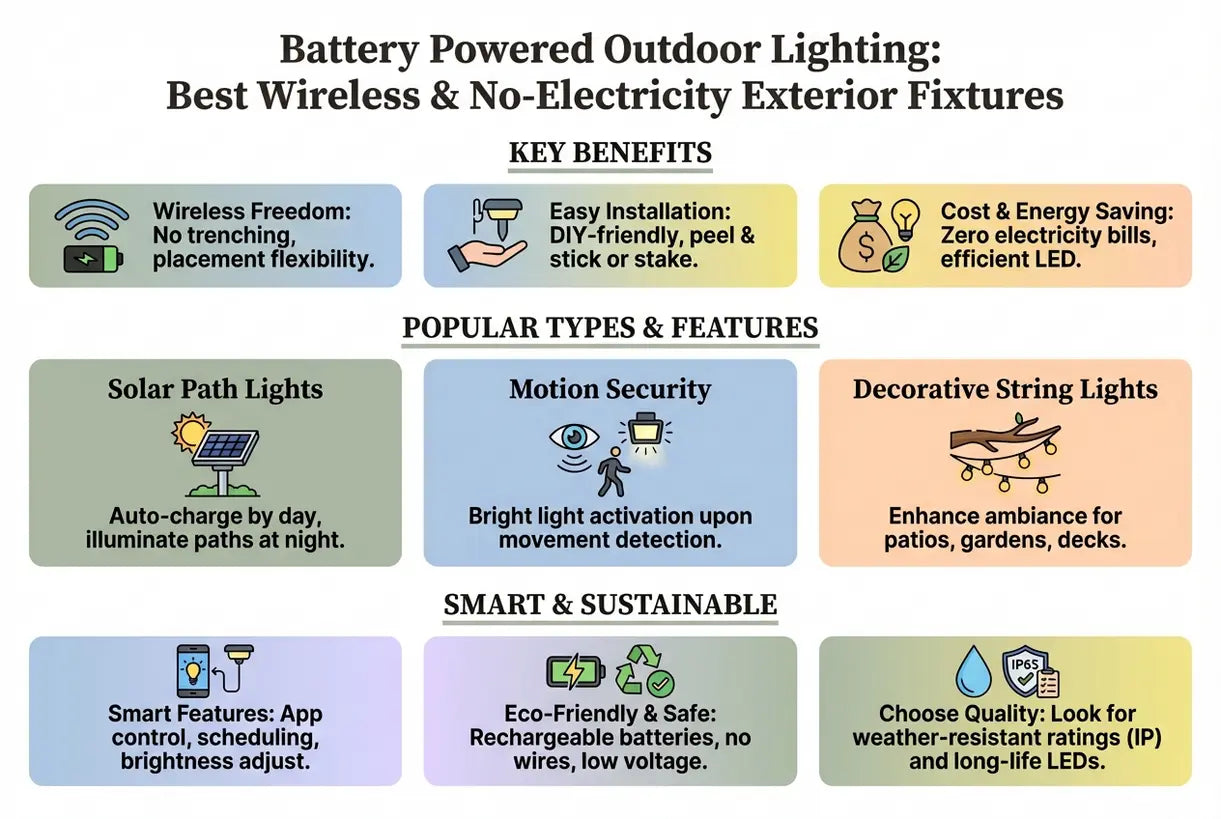 Batterijgevoede buitenverlichting: beste draadloze & elektriciteitsloze buitenarmaturen - infographic