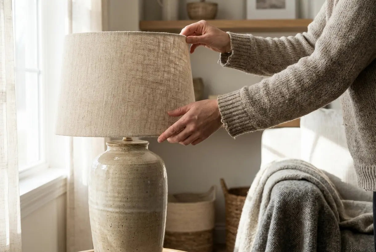 Handen stellen de kap van een hoge keramische tafellamp bij in een Scandinavische slaapkamer