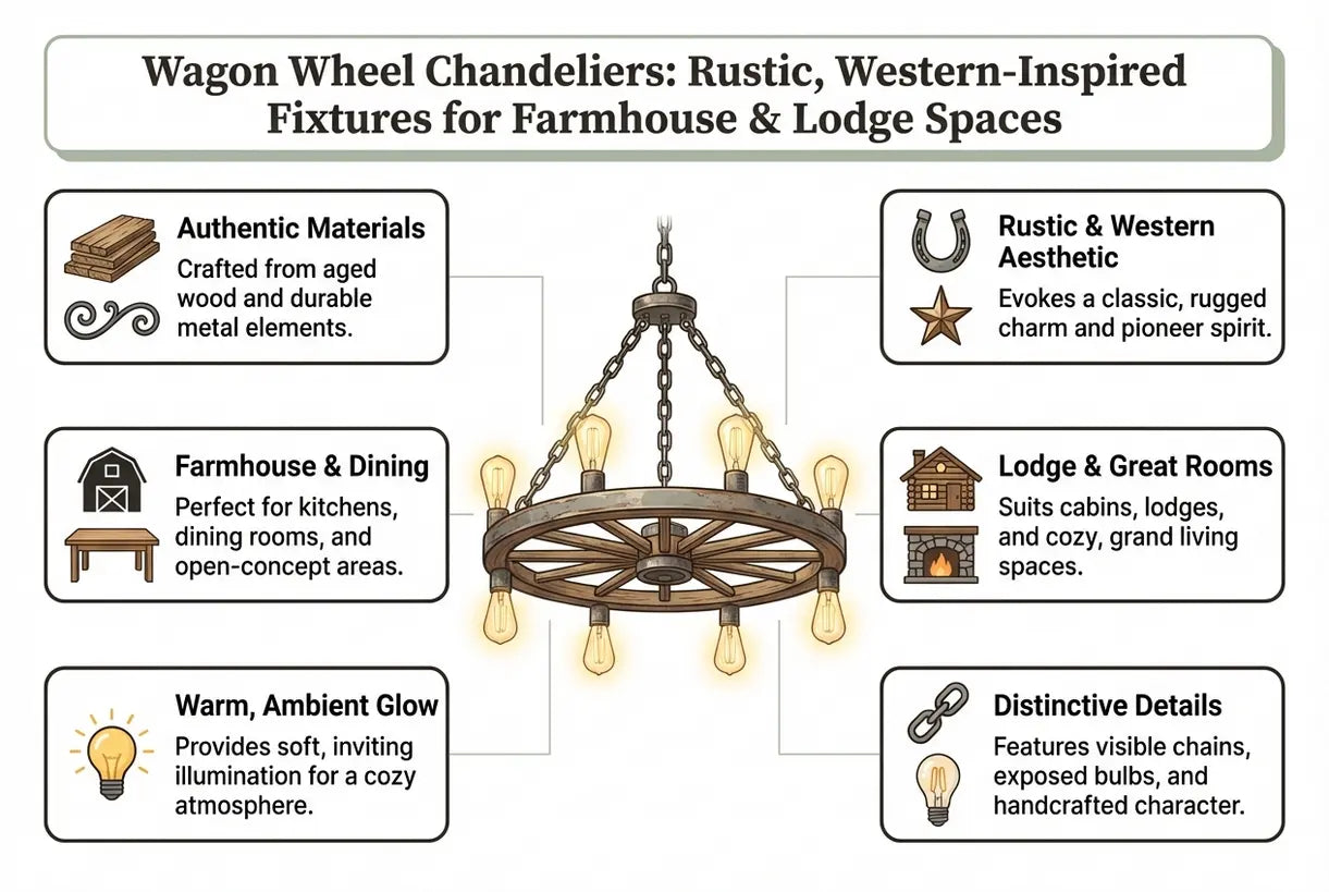 Wagenwielkroonluchters: Rustieke, westers geïnspireerde armaturen voor boerderij- en landhuisruimtes - infographic