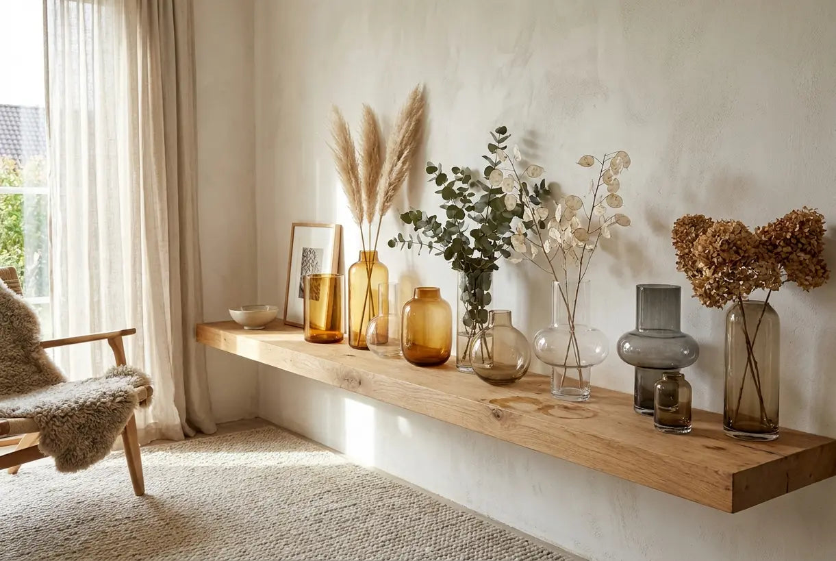 Gecureerde vintage glazen bloemenvazen collectie op eiken plank in Scandinavische interieuromgeving