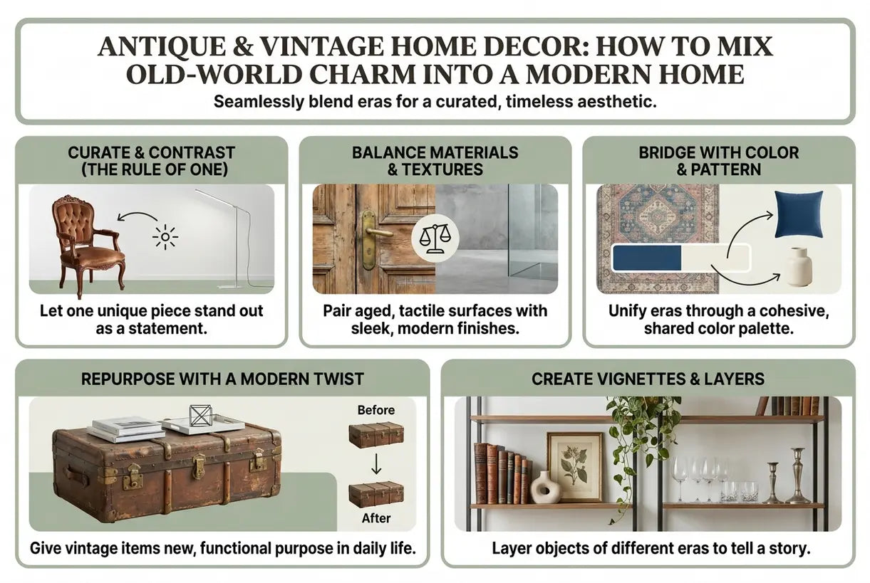 Antique & Vintage Home Decor: How to Mix Old-World Charm into a Modern Home - infographic