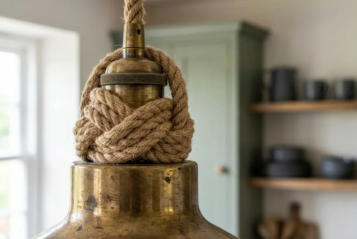 Close-up van rustieke landelijke hanglamp met handgeweven hennep touw en messing beslag