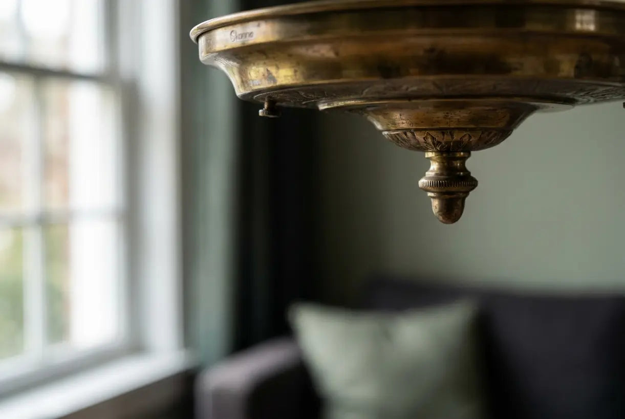 Close-up van vintage messing plafondlamp met directe montage hardware die authentieke verouderde patina toont