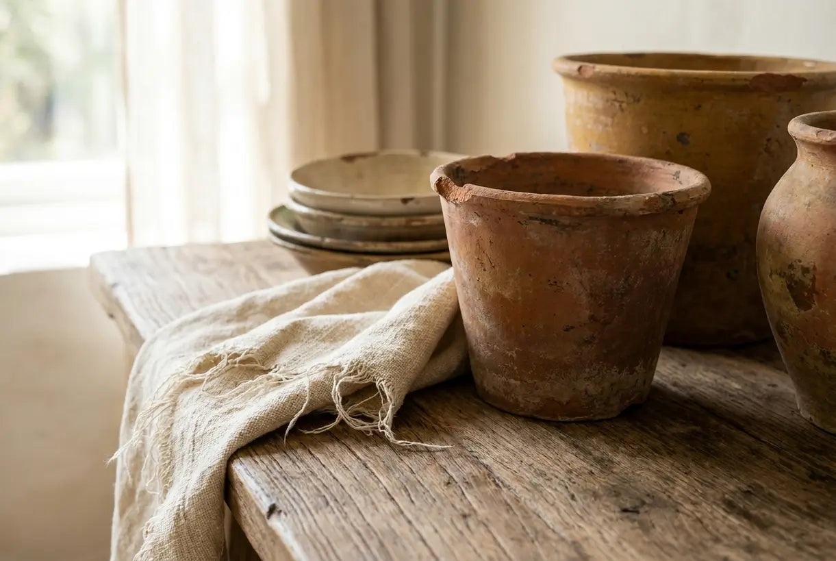 Close-up of terracotta pottery, weathered wood and woven linen textures in warm Mediterranean interior design style