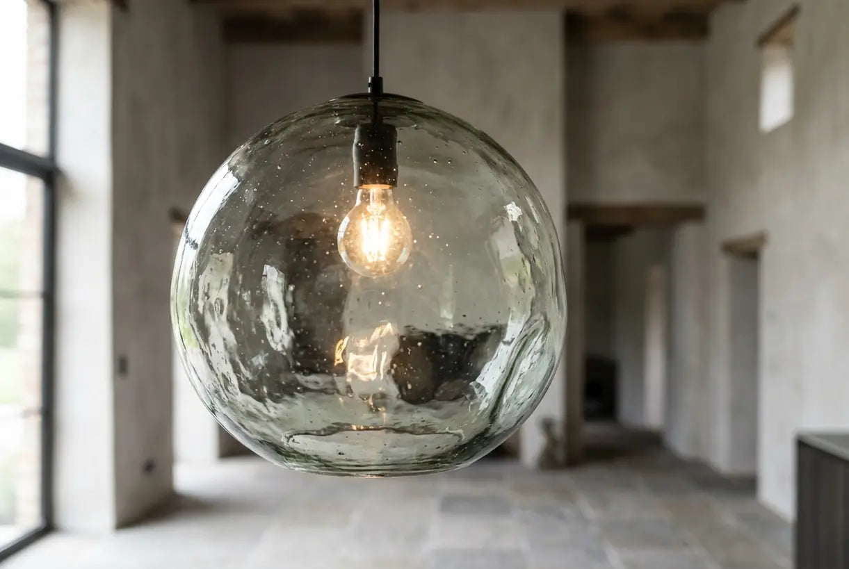 Hand-blown oversized glass pendant light texture detail with warm ambient glow