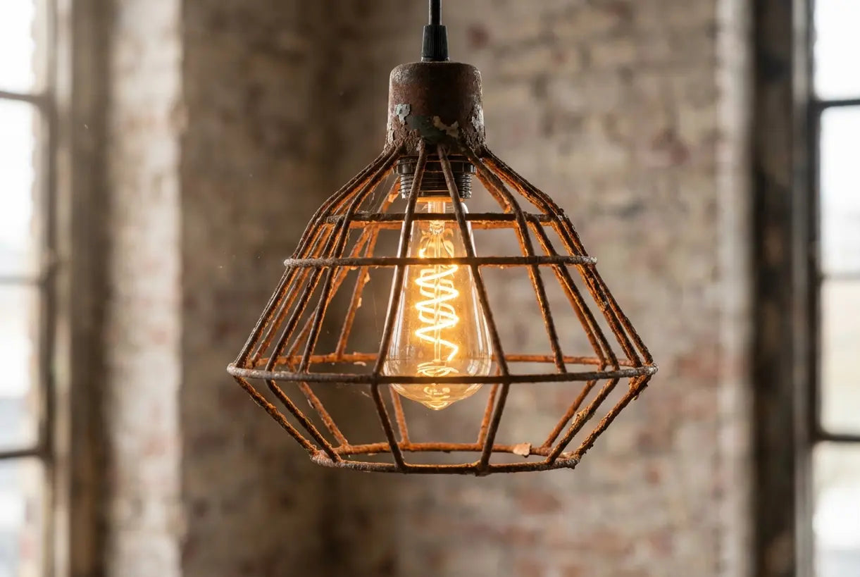 Close-up van industriële kooihanglamp met Edison-lampfilament