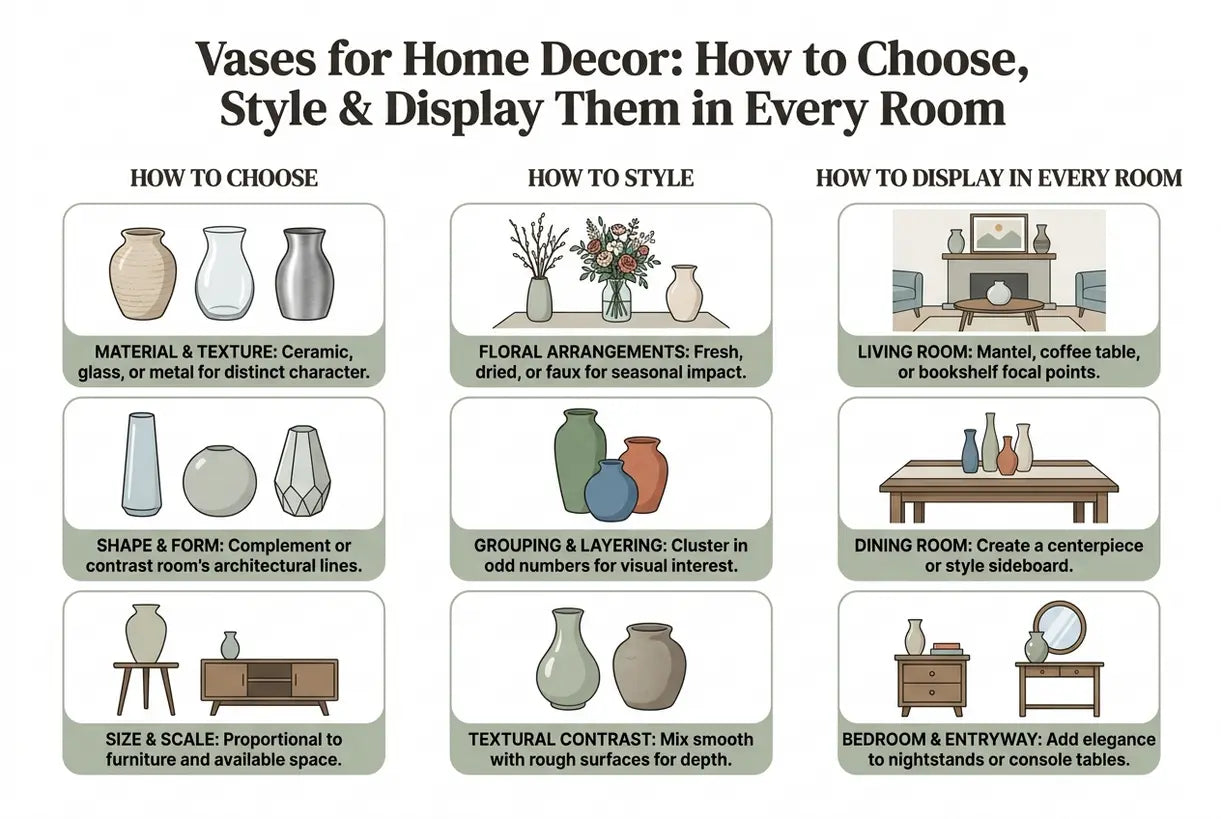 Vases for Home Decor: How to Choose, Style & Display Them in Every Room - infographic