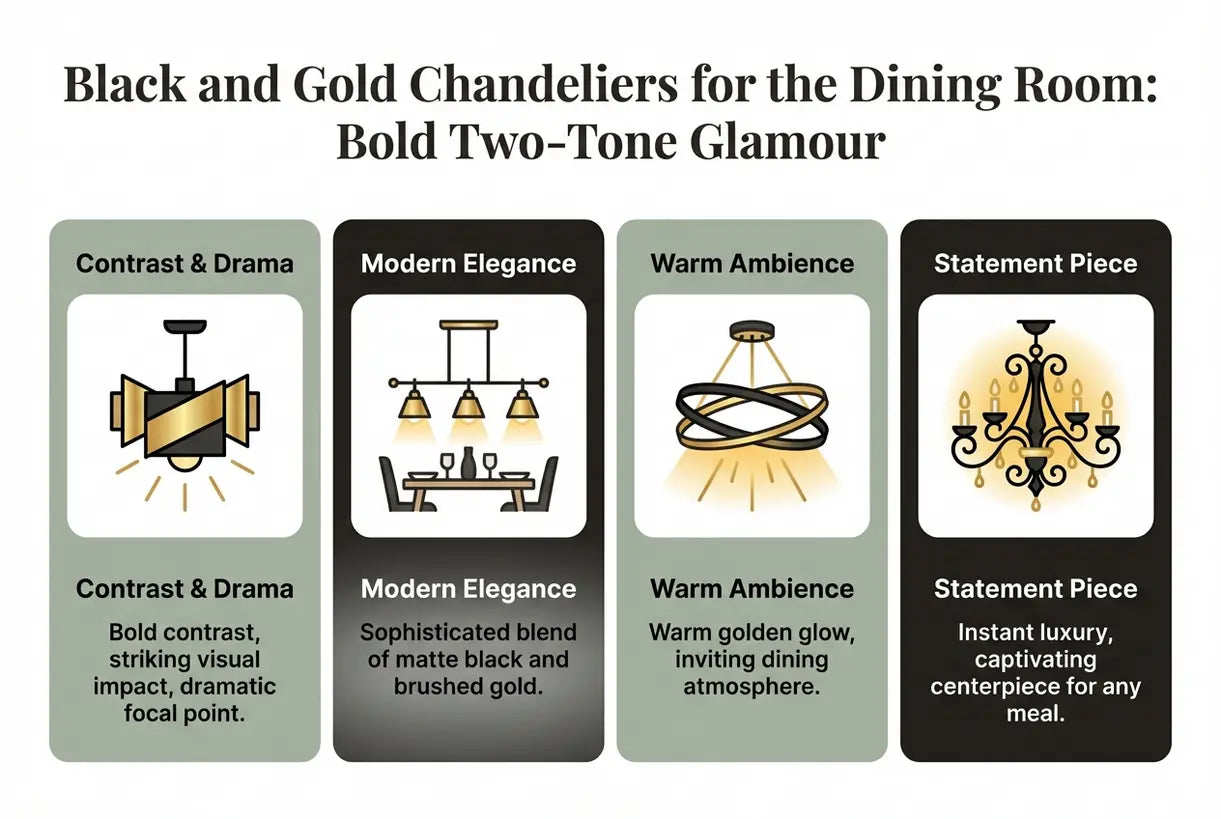 Black and Gold Chandeliers for the Dining Room: Bold Two-Tone Glamour - infographic