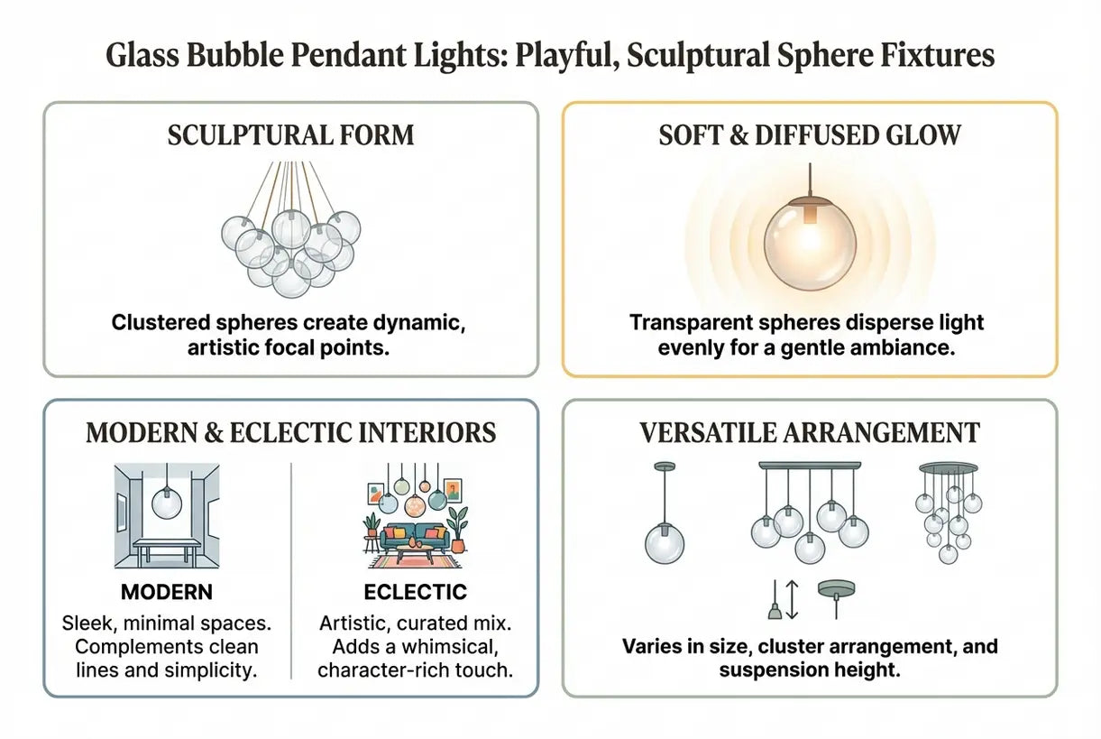 Glazen Bellen Hanglampen: Speelse, Sculpturale Bolvormige Armaturen voor Moderne & Eclectische Interieurs - infographic