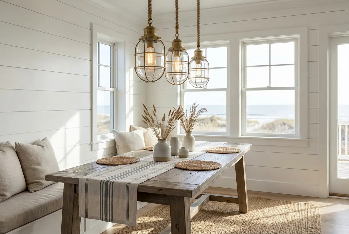 Strandhuis eetkamer met nautische glazen hanglampen en Scandinavische kustdecoratie