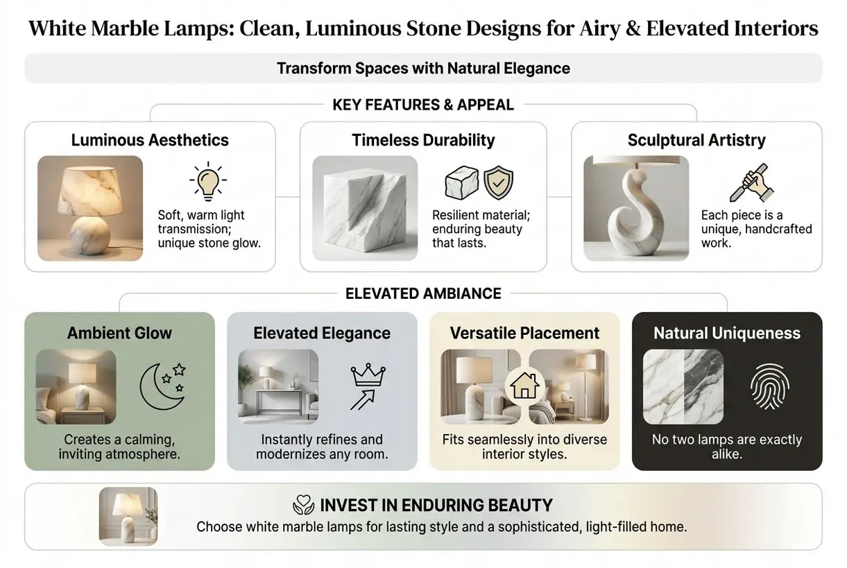 Witte marmeren lampen: Strakke, lichtgevende steendesigns voor luchtige & verhoogde interieurs - infographic