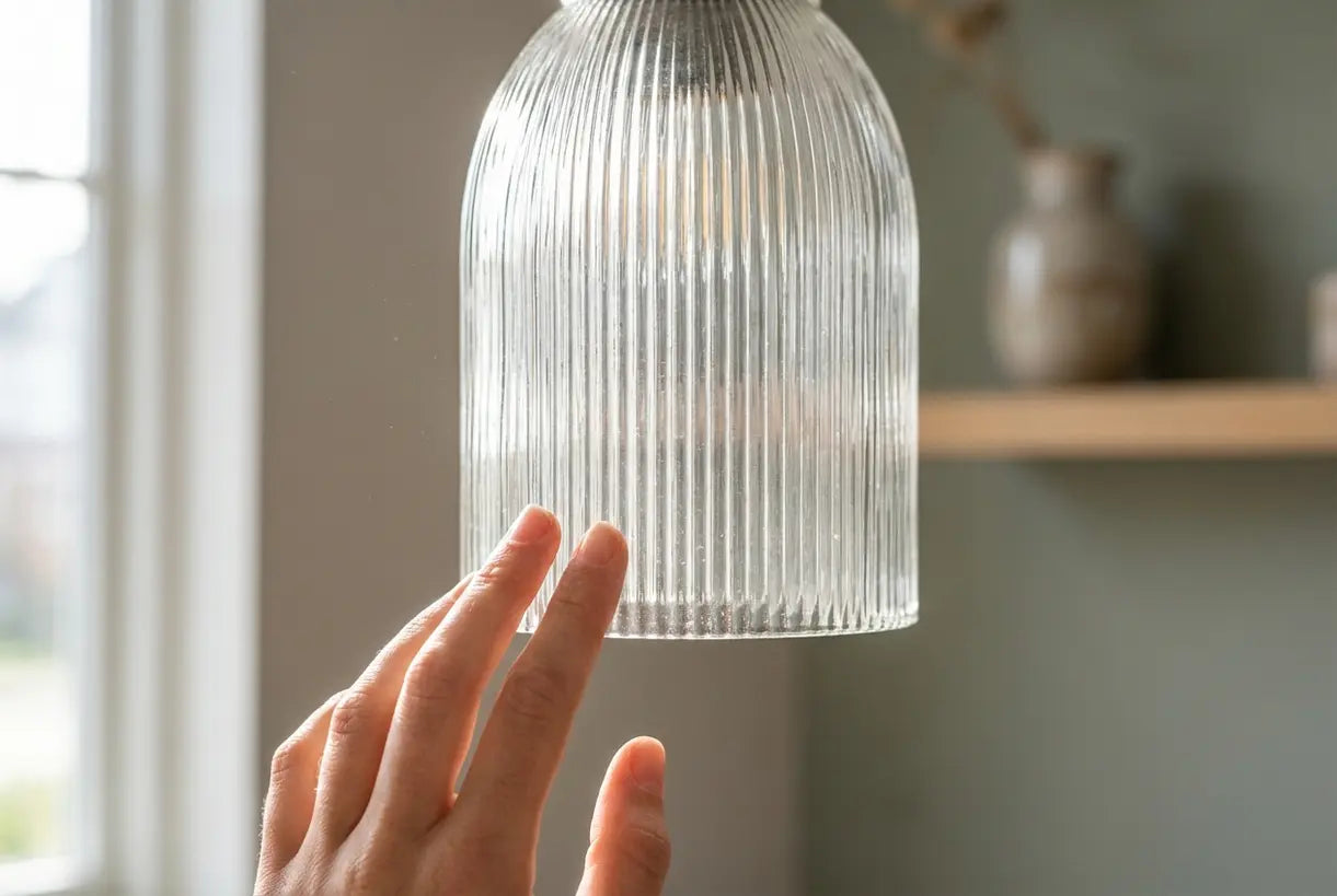 Close-up detail of ribbed glass pendant light texture showing artisan craftsmanship