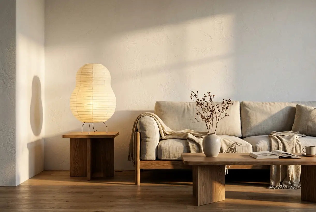 Noguchi-geïnspireerde papieren tafellamp in serene Japandi woonkamer